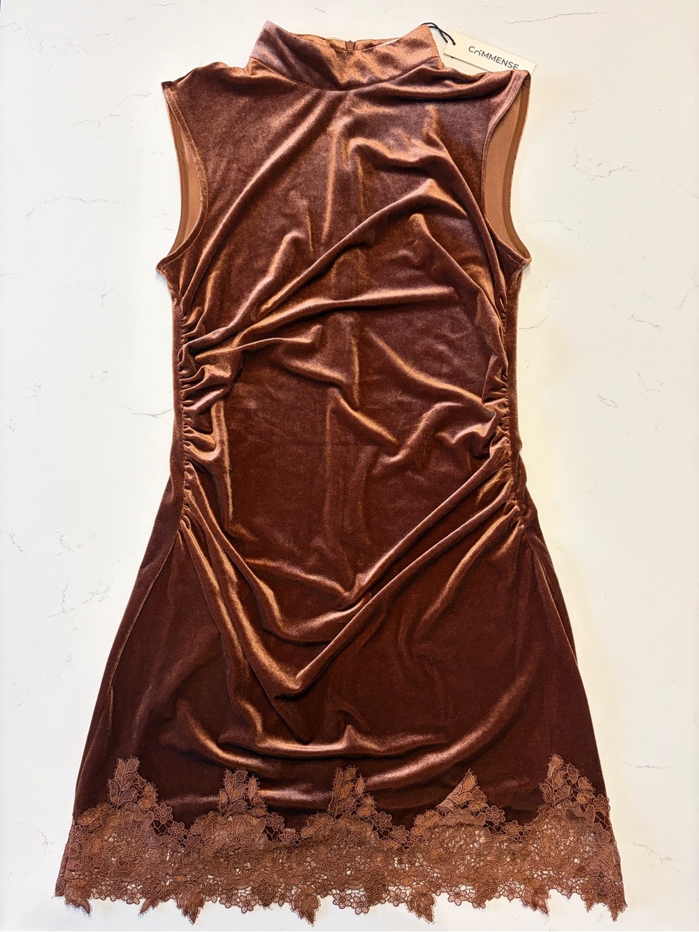 Commense Brown Velvet Lace Trim Mock Neck Slip Dress